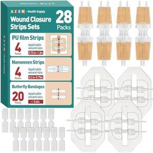 AZEN 28 Pack Wound Closure Strips, 3 Types Butterfly Bandages, Emergency